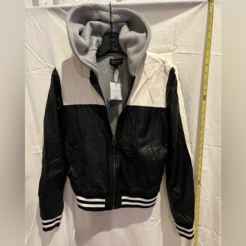 Topshop Black faux Leather Jacket with White Stripes